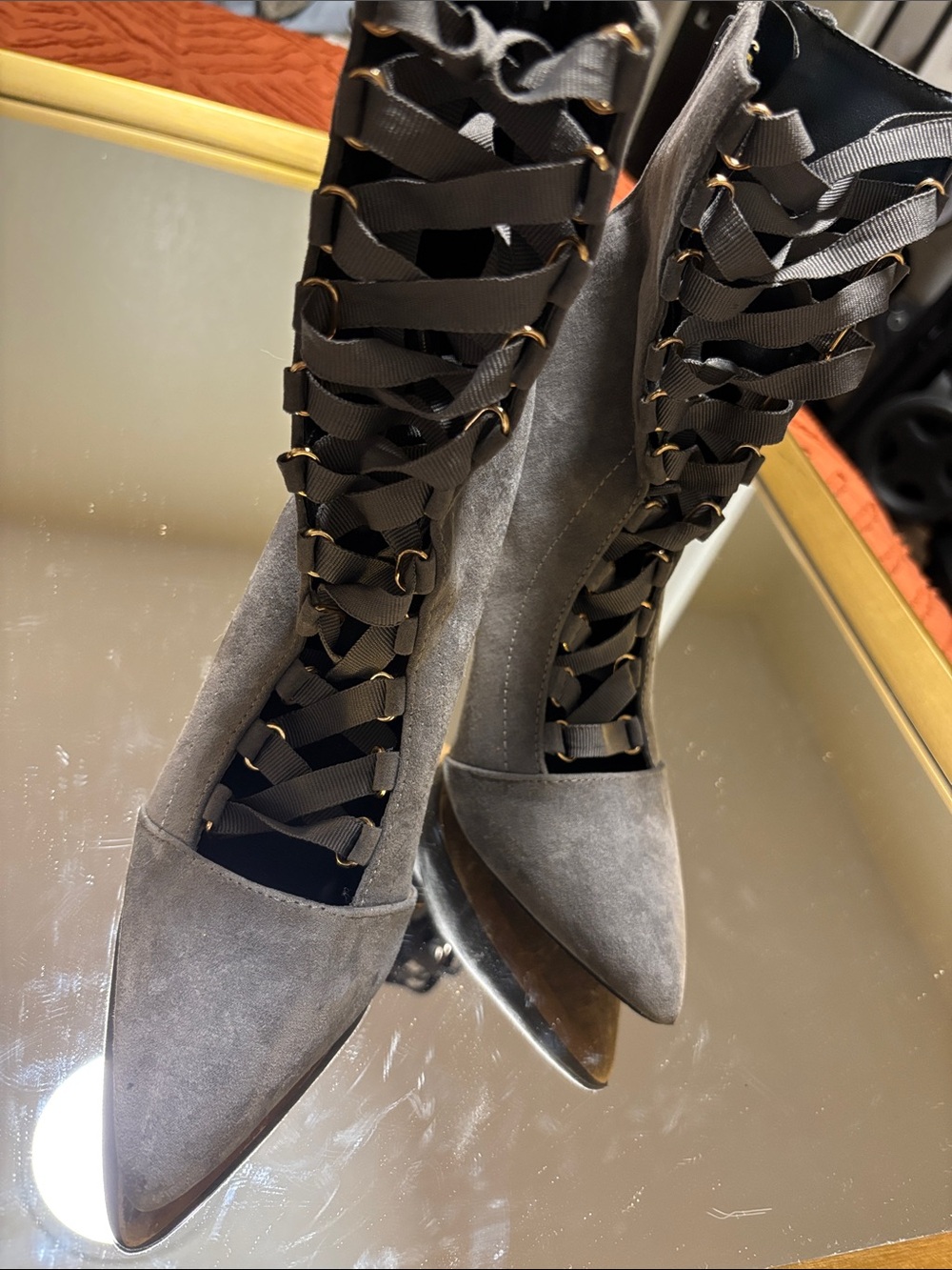 Windsor Gray Suede Lace-Up Pointed-Toe High Heel Boots